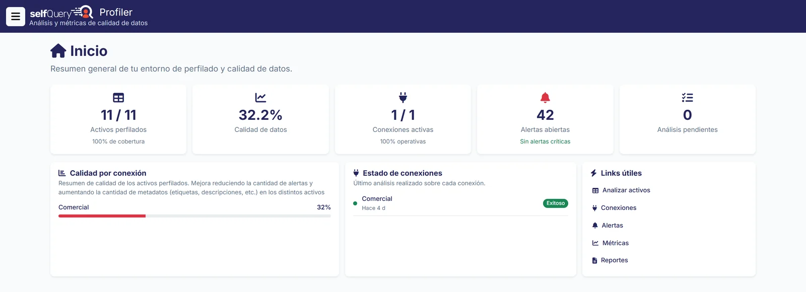 Pantalla de inicio con activos perfilados, calidad de datos, conexiones y alertas abiertas
